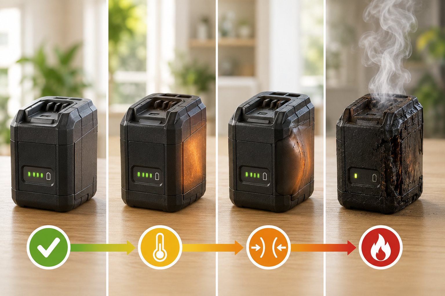 Illustration showing four stages of lithium ion battery failure normal condition overheating swelling and smokingdamaged batterypng